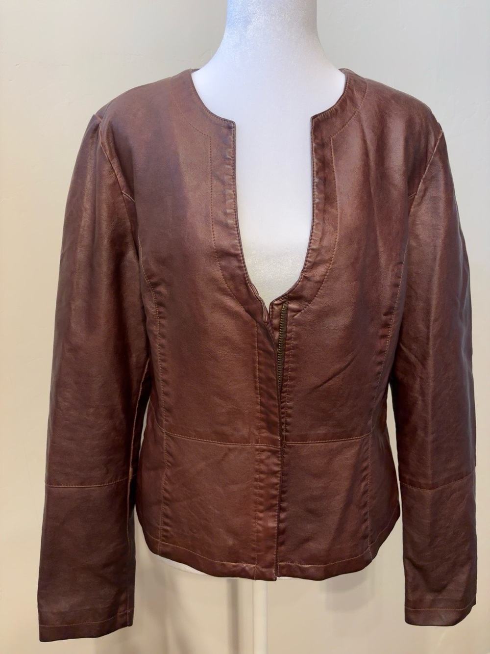 Tribal Jeans Brown Faux Leather Zip Front Jacket Women’s Medium